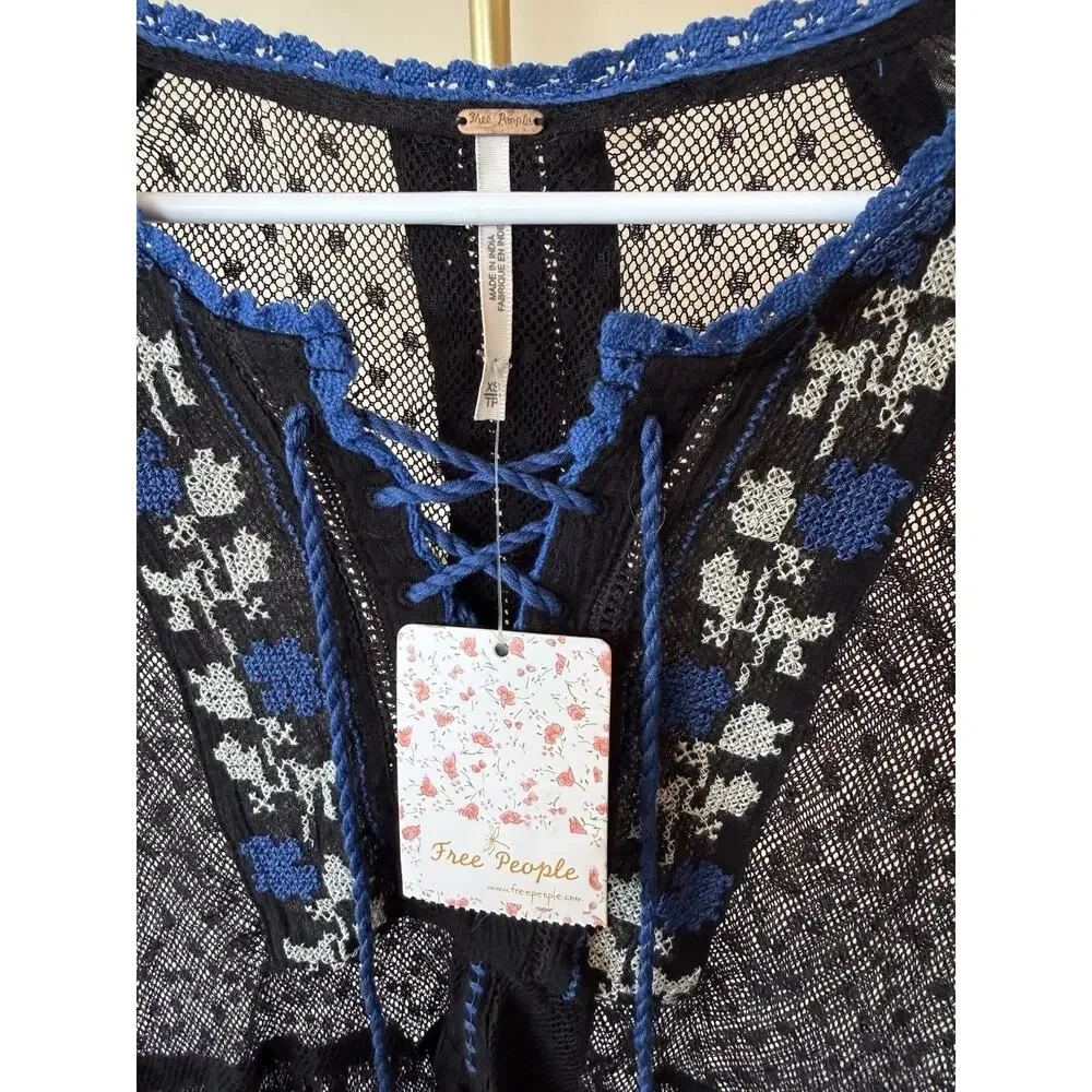Free People Black Blue Embroidered Tassel Lace Blouse XS Boho Festival Y2K